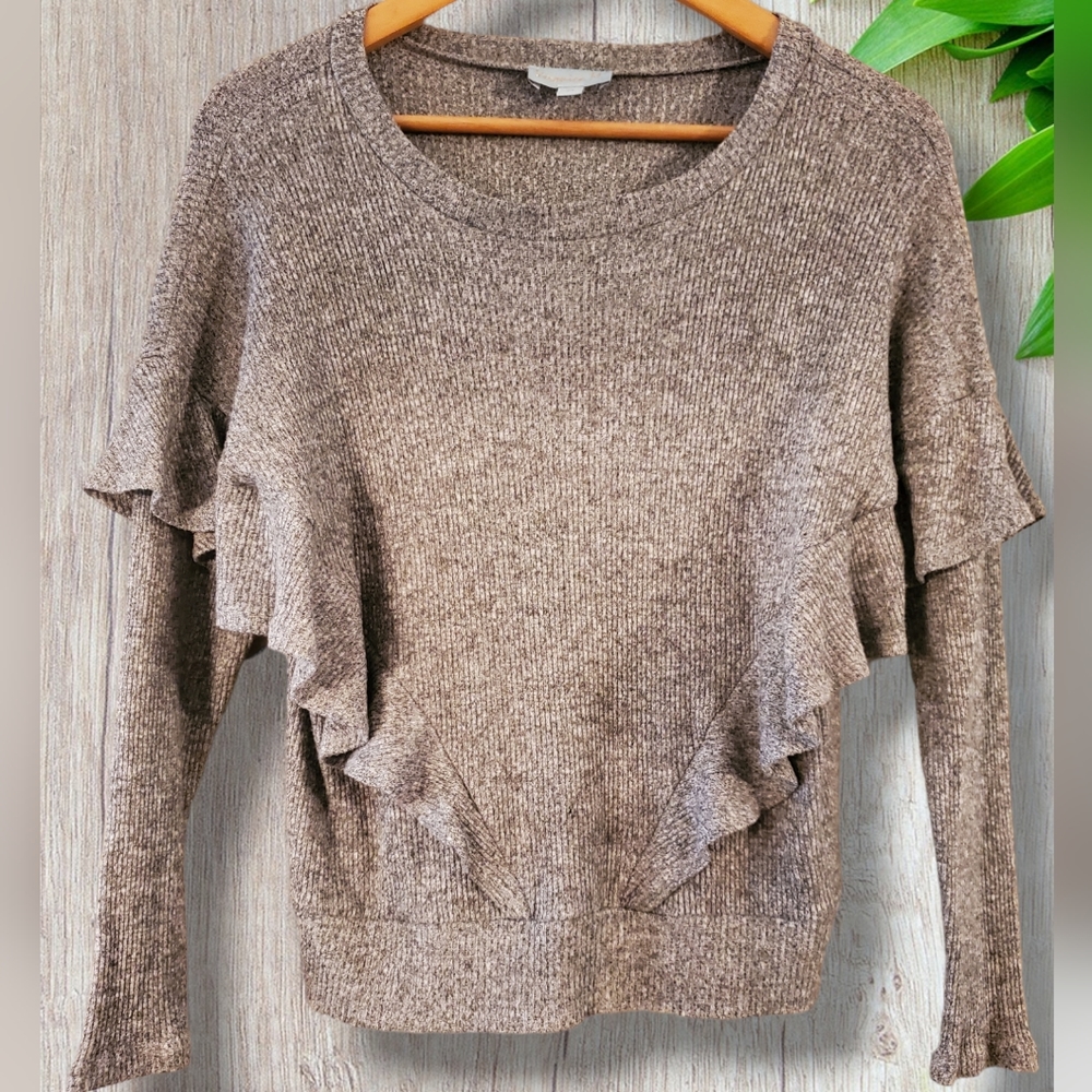 VERONICA M Long Sleeve Ruffle Grey Sweater Size M